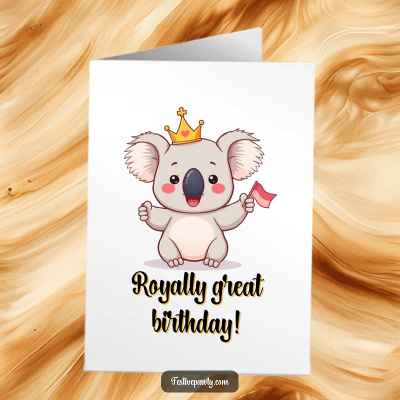 Funny Free Printable Koala Birthday Card: A giddy koala in a crown waving a flag joyfully