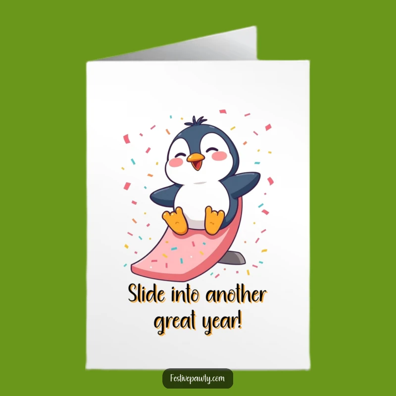 Free Printable Birthday Card: Giggling Penguin Slide Fun - Downloadable Humor