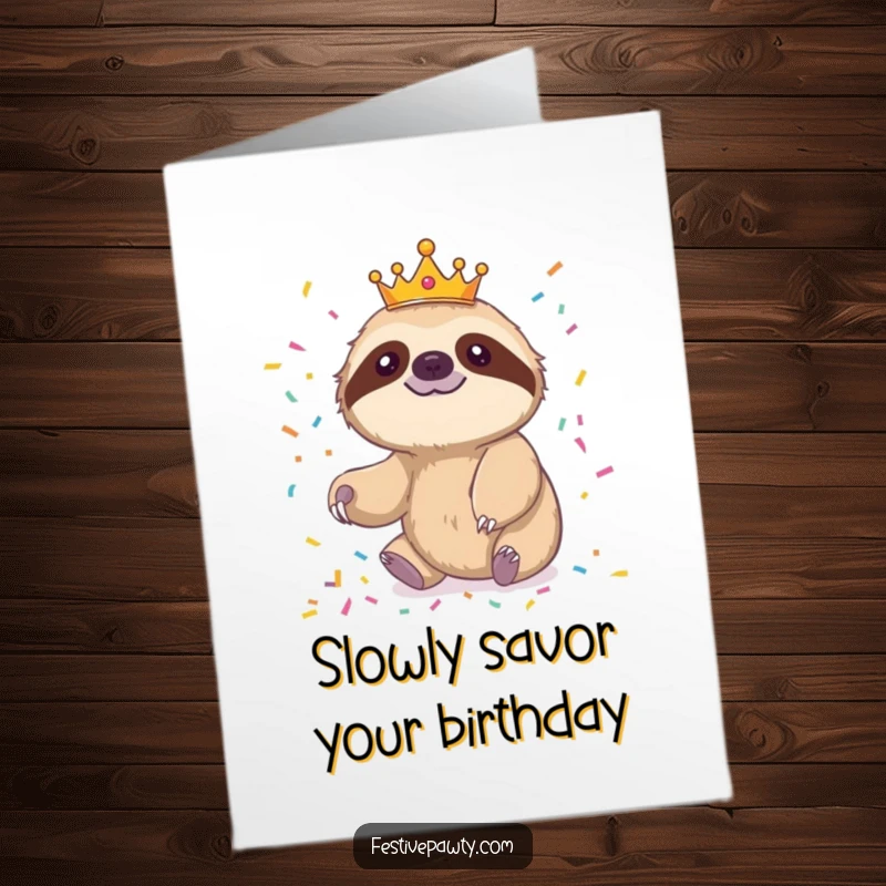 Funny free printable birthday card: a cheerful sloth in a crown slowly reaches for falling confetti, birthday joy.