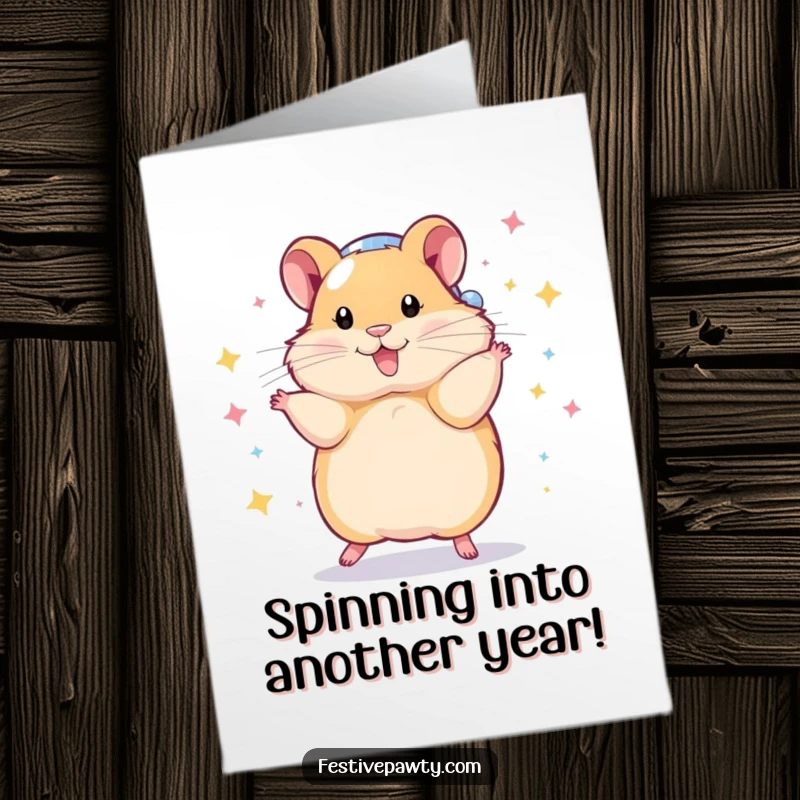 Funny Free Printable Birthday Card: Playful hamster in a disco ball costume spins dazzlingly, ready to celebrate a birthday bash.
