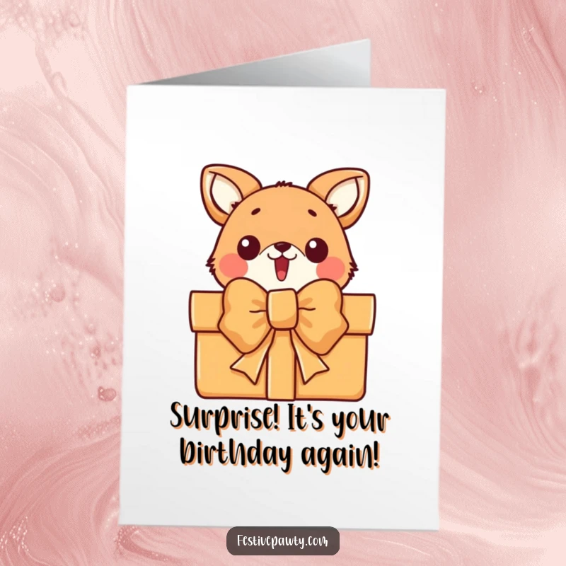 Funny Free Printable Birthday Card: A wide-eyed animal character peeking curiously from behind an enormous, colorful gift bow.