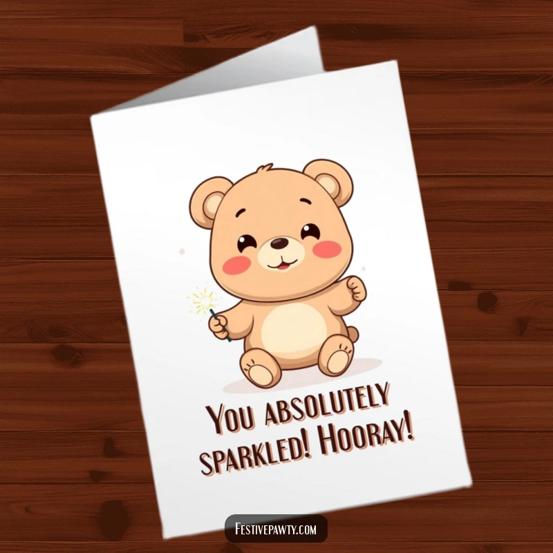 Funny Free Printable Congrats Card: Smiling bear holding a sparkler, celebrating a momentous occasion.