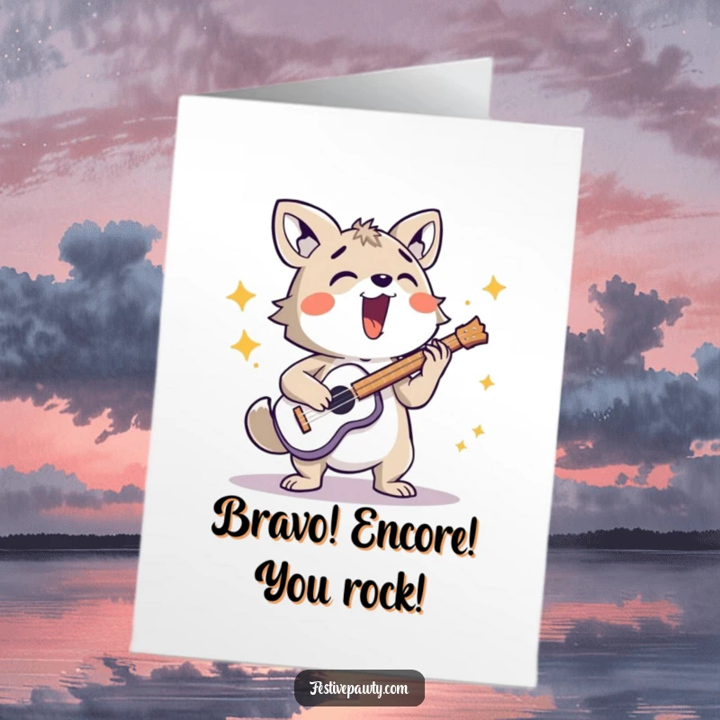 Funny Free Printable Congratulations Card showing a lively animal character rocking out on a musical instrument.