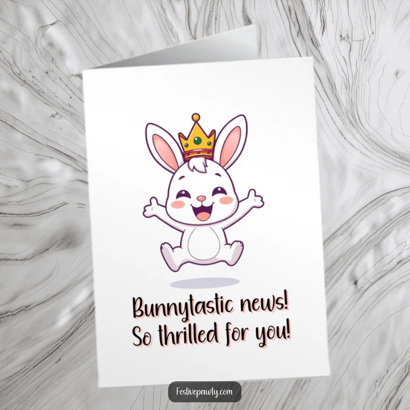 Funny Free Printable Congratulations Card: A regal bunny in a crown, leaping joyfully to celebrate a fantastic achievement.