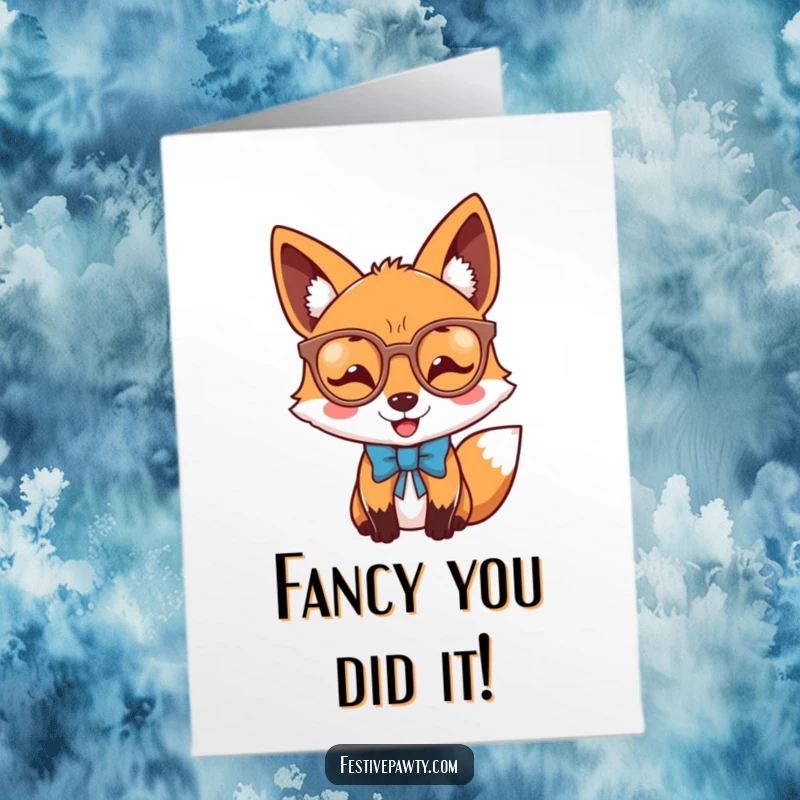 Funny Free Printable Congratulations Card: A dapper fox sporting novelty glasses and a bow tie celebrates your success.