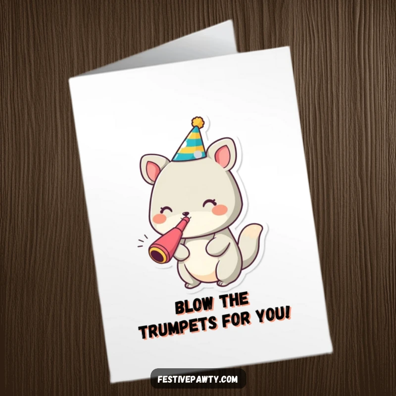 Funny Free Printable Animal Congrats Card: An animal in a party hat blowing a noisemaker to cheer success.