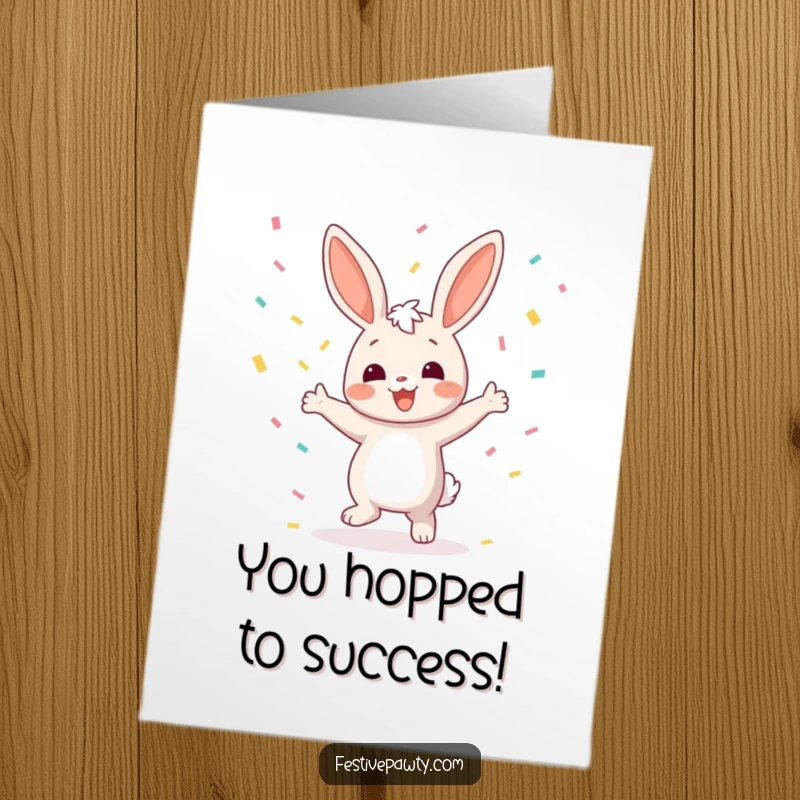Funny Free Printable Bunny Congrats Card, a joyful bunny dancing amidst falling confetti, celebrating success with pure glee.