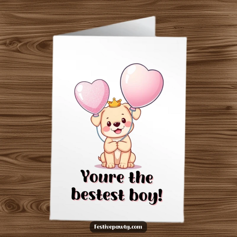 Funny Free Printable Congratulations Card: A happy puppy wearing a tiny crown proudly holds a giant glittering balloon, celebrating a win.