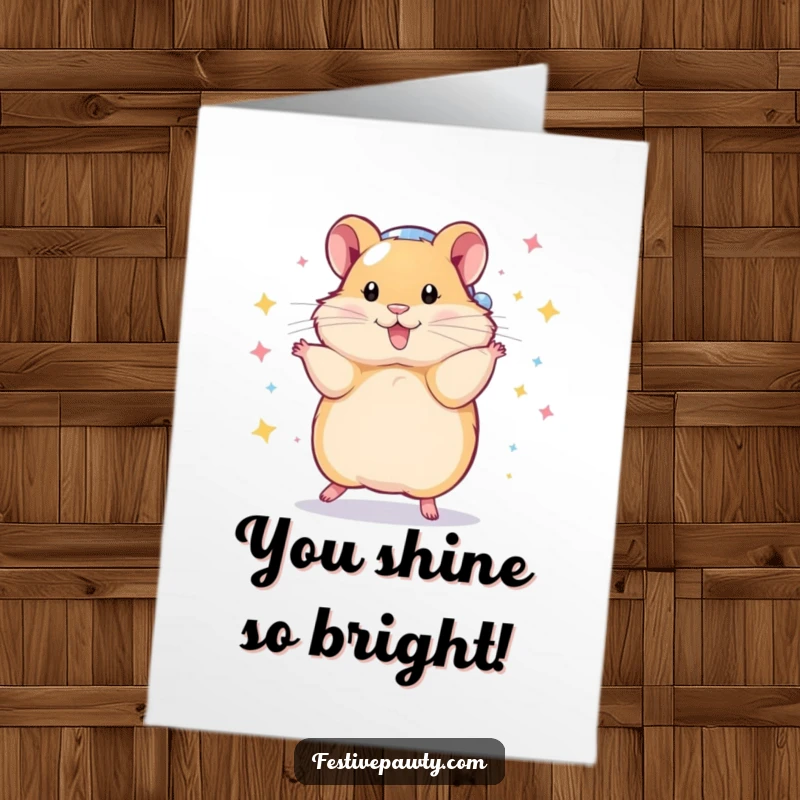 Funny Free Printable Congratulations Card: A hamster in a disco ball costume performs a dazzling spin, celebrating success.
