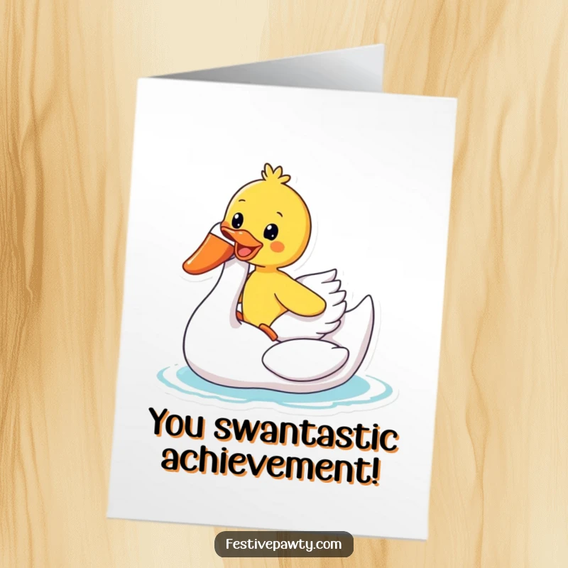 Funny Free Printable Congratulations Card: A duck gleefully rides an inflatable swan, celebrating achievements with humor.