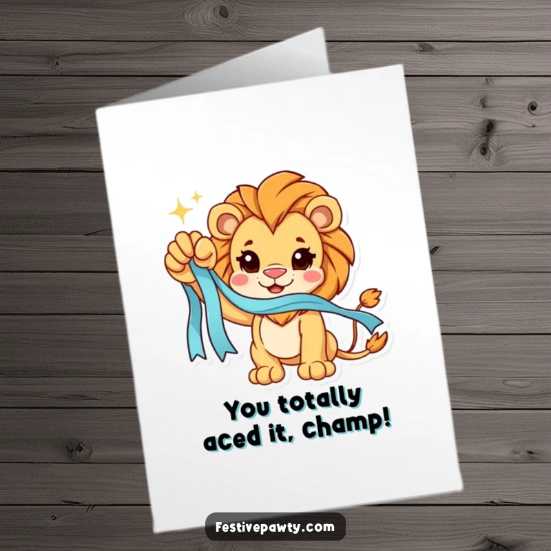Funny Free Printable Congratulations Card: A triumphant lion proudly holds a sparkling ribbon, celebrating a win.