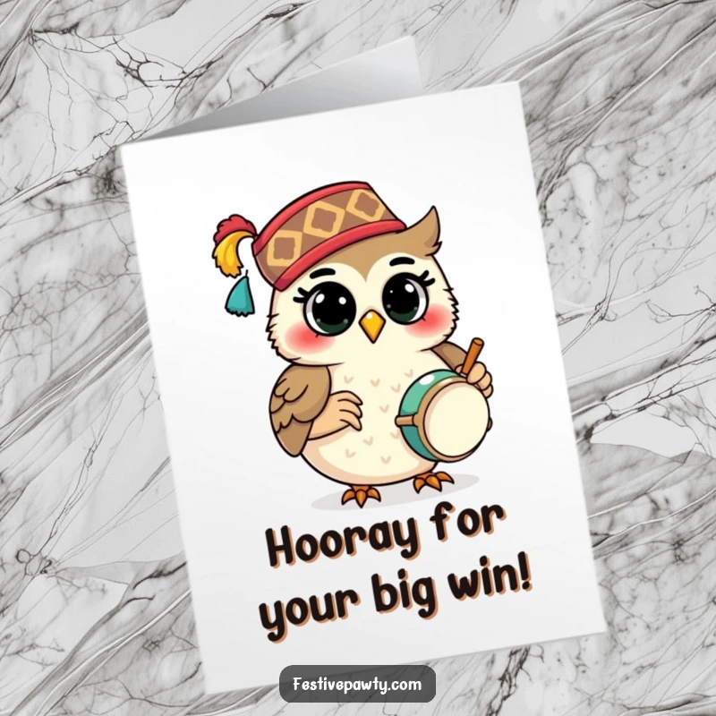 Funny Free Printable Congratulations Card: An owl wearing a festive fez plays a tiny drum, celebrating an achievement.