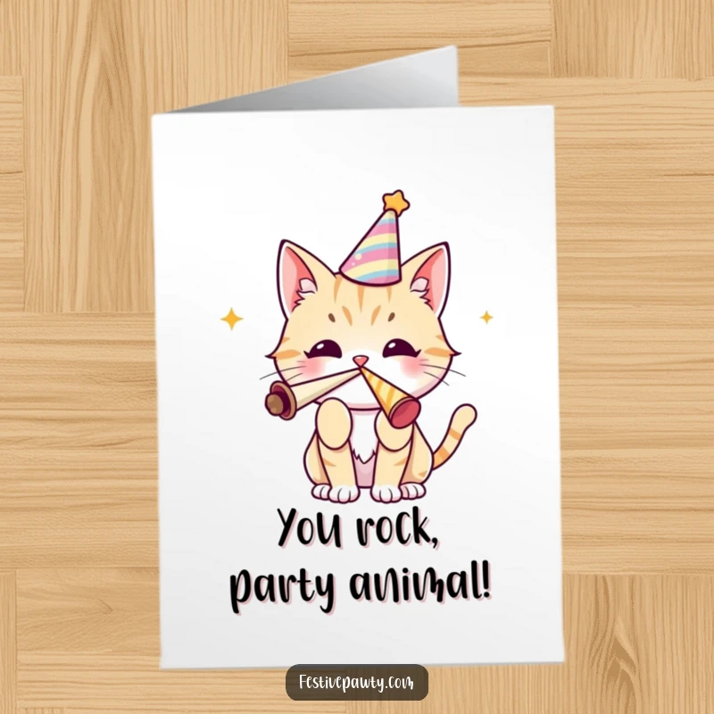 Funny Free Printable Congrats Card: Cute cat in a party hat blowing a horn, celebrating a success.