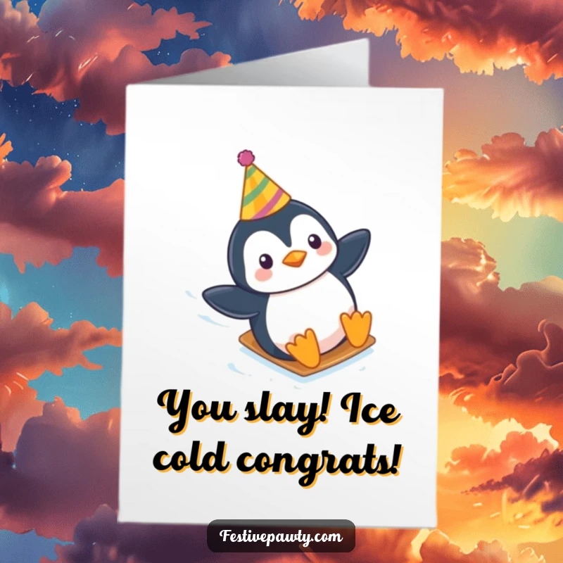 Funny Free Printable Congratulations Card: A penguin in a party hat joyfully sliding down an ice slope, celebrating success, downloadable gift.