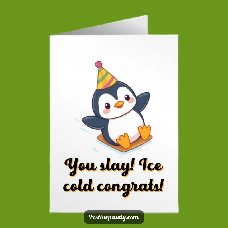 Free Printable Congrats Card: Penguin Victory Slide, Humorous Downloadable Gift for Wins