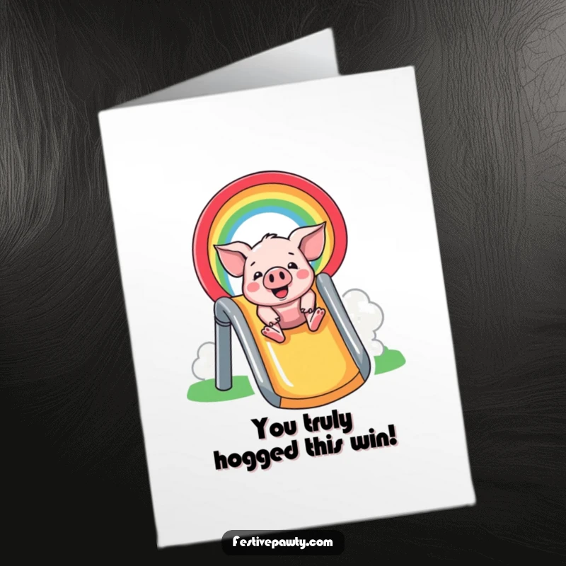 Funny Free Printable Congratulations Card: A joyful pig slides down a rainbow, perfect for celebrating big wins.