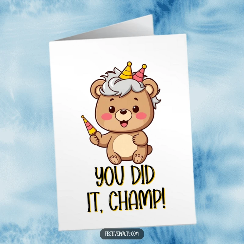 Funny Free Printable Congratulations Card: Bear with wig and party horn celebrates success with hilarious party spirit. A downloadable gem.