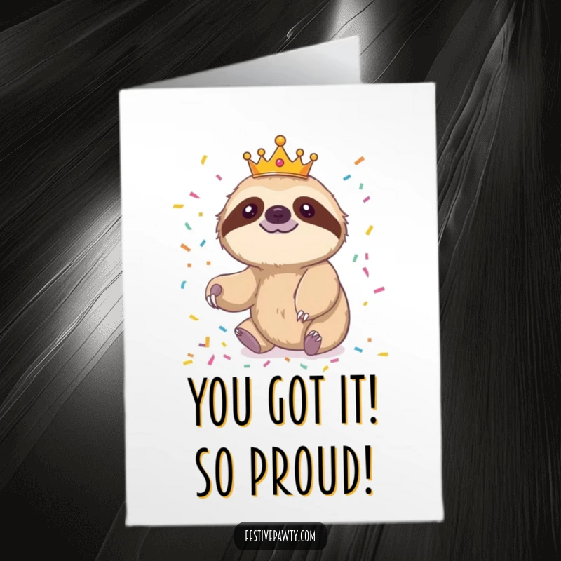 Free printable congrats card: a cheerful sloth wearing a tiny crown slowly reaches for confetti, celebrating victory.