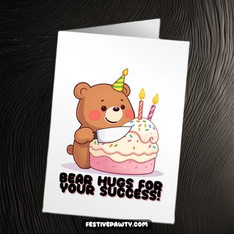 Funny free printable congratulations card showing a cheerful bear character delighted by a giant cake, celebrating a success.