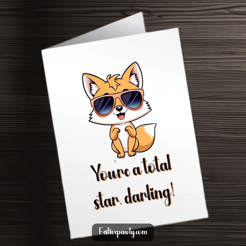 Funny free printable congratulations card featuring a sassy fox character in oversized sunglasses, posing like a true diva.