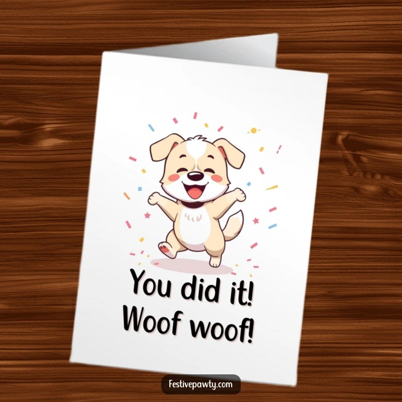 Funny free printable congratulations card showing an ecstatic dog character mid-dance, celebrating with confetti, perfect for any happy occasion.