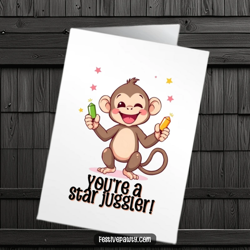 Funny Free Printable Monkey Congratulations Card: A monkey juggling party poppers celebrating an achievement