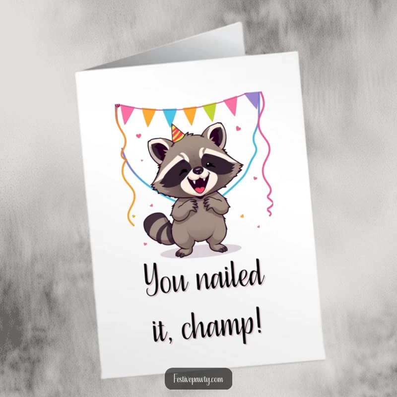 Funny Free Printable Congratulations Card with a raccoon comically attempting to juggle streamers, conveying chaotic celebration.