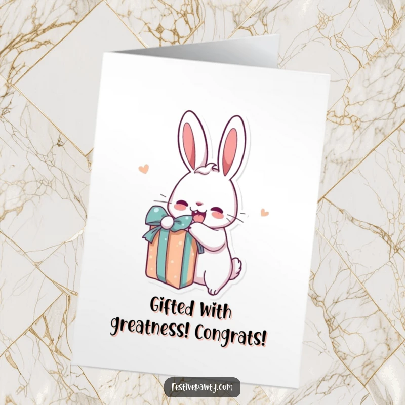 Funny Free Printable Congratulations Card: A happy rabbit character excitedly tearing into a brightly wrapped gift with pure delight.