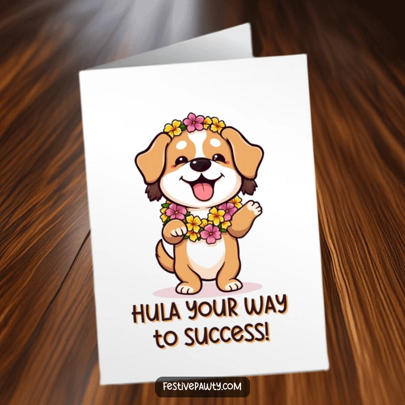 Funny free printable congratulations card of a playful dog adorned with a flower lei, doing a joyful hula dance to celebrate.