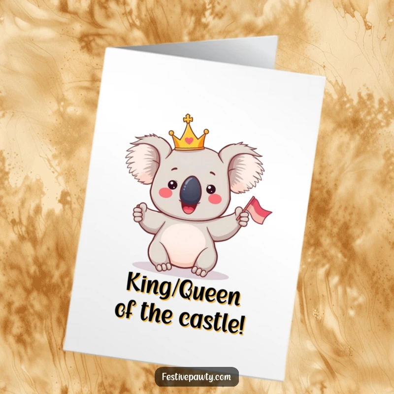Funny Free Printable Koala Congratulations Card: A koala wearing a crown enthusiastically waving a flag