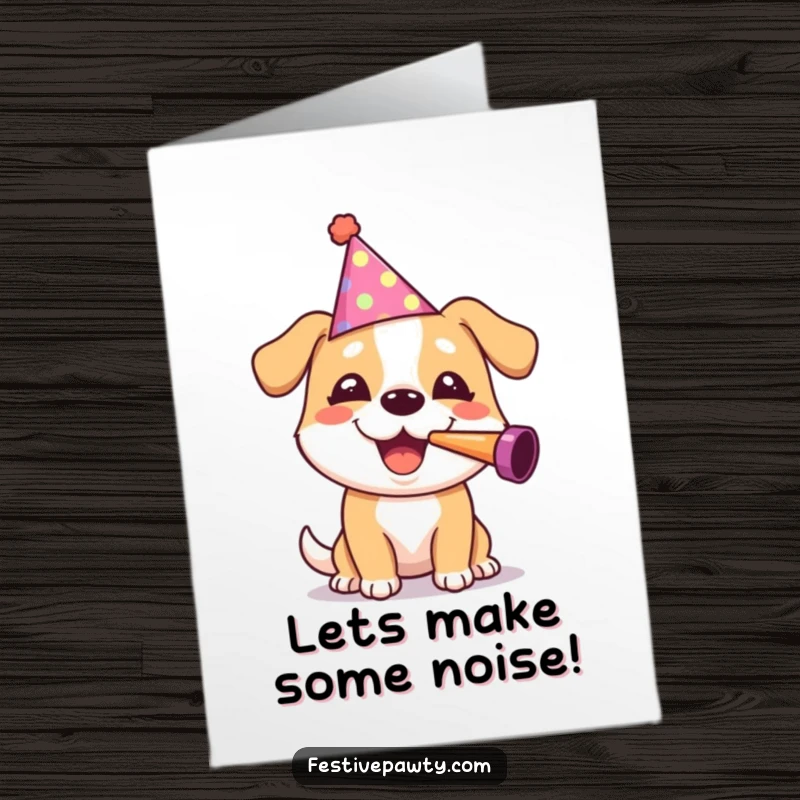 Funny Free Printable Congratulations Card: Cheerful dog with party hat blowing noisemaker, celebrating success with delight, a downloadable gift.