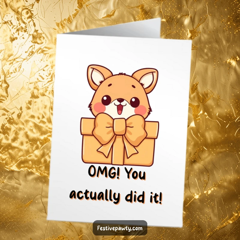 Funny Free Printable Congratulations Card featuring a startled animal peeking from behind a massive, festive gift bow.