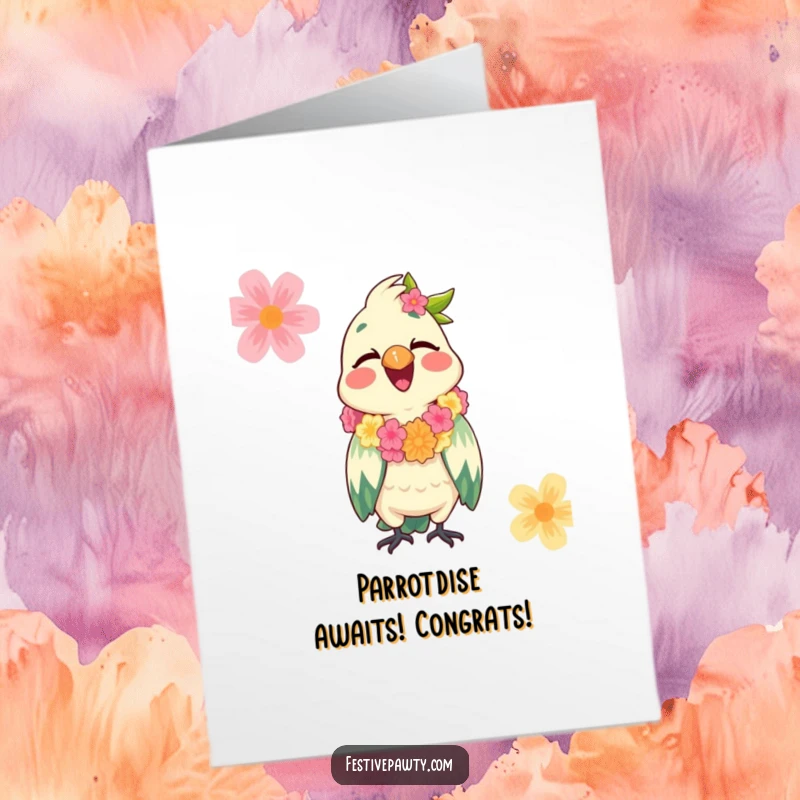 Funny Free Printable Congratulations Card: A giggling parrot in a lei expresses festive congratulations with tropical cheer.