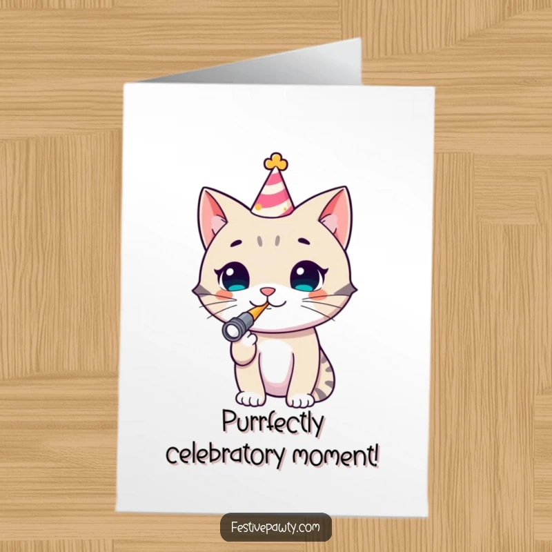 Funny Free Printable Cat Congrats Card, a cheerful cat in a party hat blowing a noisemaker, celebrating success with joy.
