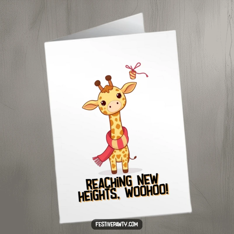 Funny free printable congratulations card of a giraffe wearing a festive scarf, reaching for a high-up party streamer.
