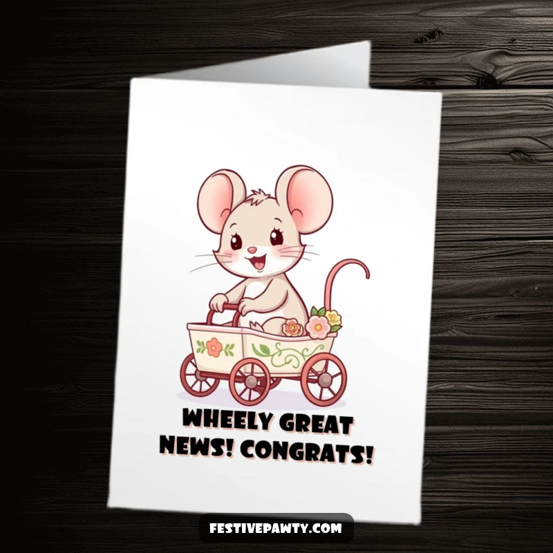Funny Free Printable Congratulations Card: A delighted mouse rides excitedly on a decorated cart, celebrating a wonderful achievement.