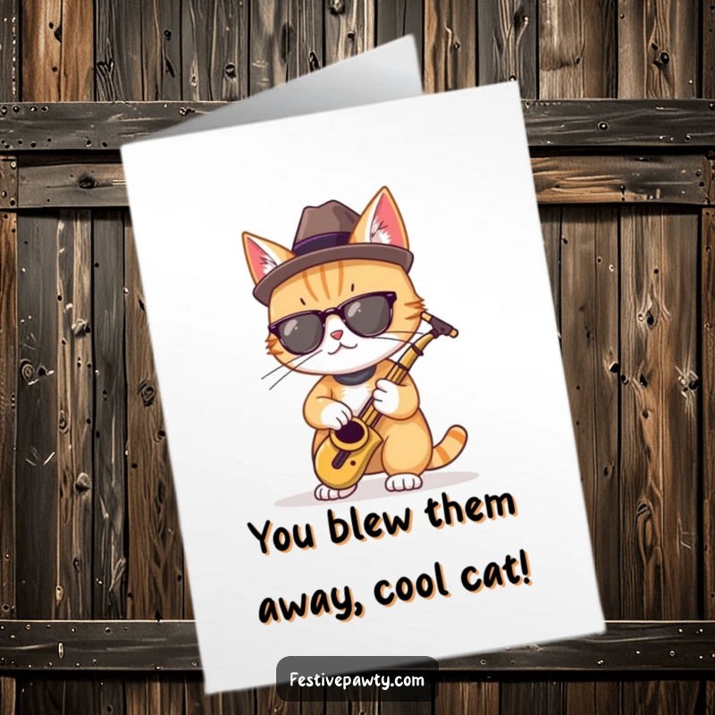 Funny free printable congratulations card of a cool cat in a fedora playing a small saxophone, celebrating a fantastic accomplishment.