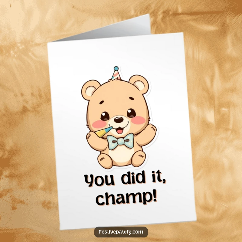 Funny Free Printable Congrats Card: Excited bear cub in bowtie blasts a party horn, celebrating a big win.