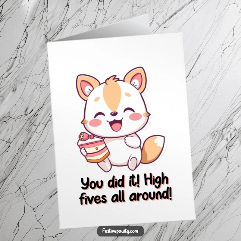 Funny Free Printable Congratulations Card showing an excited animal character joyfully holding a celebratory slice of cake.
