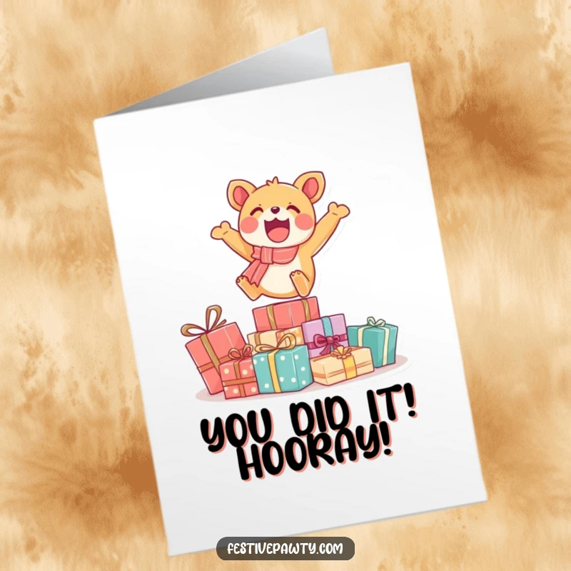 Free Printable Congratulations Card: Energetic animal character soaring over gifts, symbolizing overcoming challenges and achieving success with a smile.