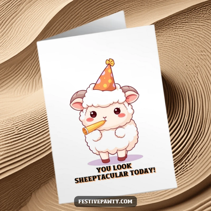 Funny Free Printable congratulations card with a sheep in a party hat blowing a party horn, celebrating achievements.