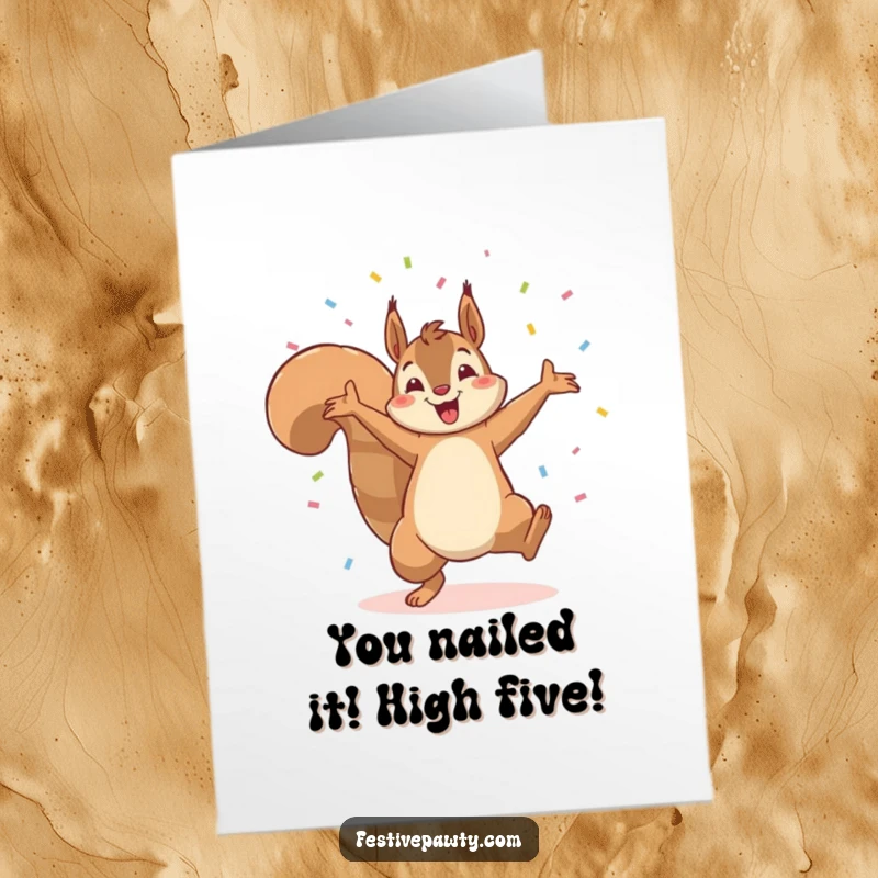 Funny Free Printable Congratulations Card: Triumphant squirrel performing a cartwheel amidst a shower of confetti.