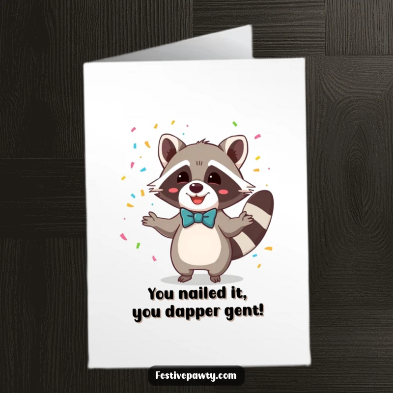 Funny free printable congratulations card with a delighted raccoon in a bowtie expertly juggling vibrant confetti, celebrating an achievement.