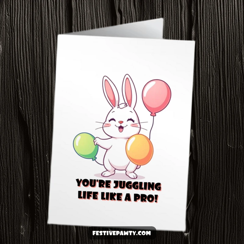 Funny free printable congratulations card showcasing a whimsical rabbit juggling bright balloons, perfect for celebrating any successful endeavor.
