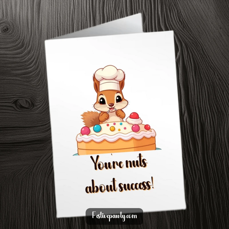 Funny free printable congratulations card featuring a mischievous squirrel chef meticulously decorating an enormous cake, celebrating success.