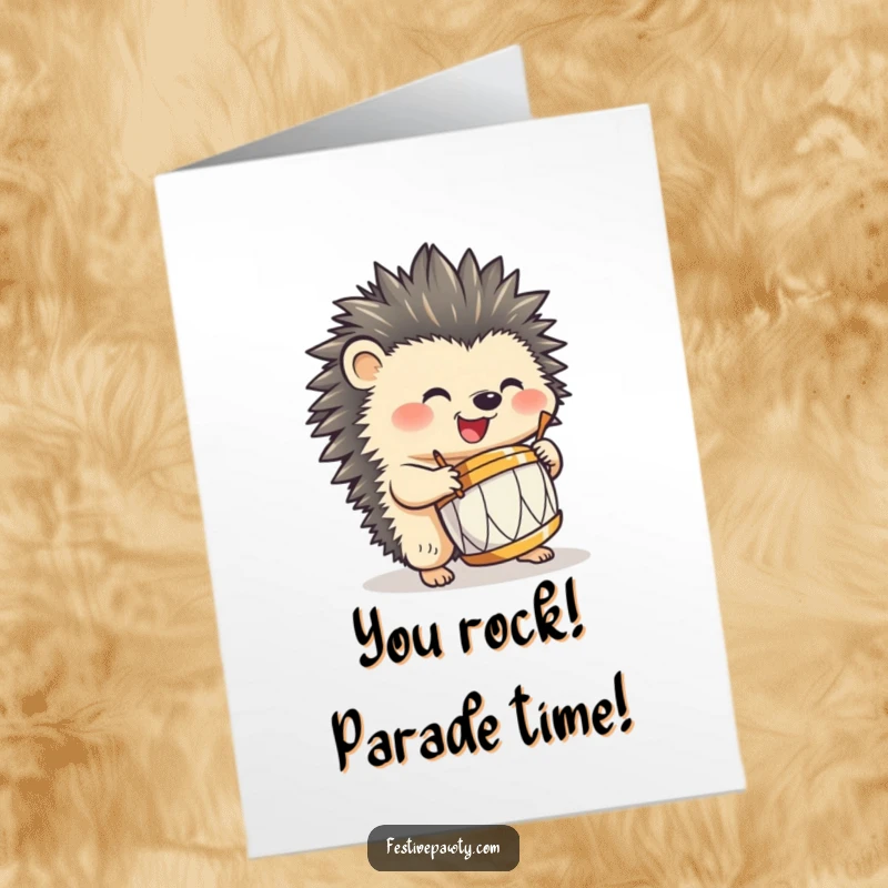 Funny Free Printable Congrats Card: Ecstatic hedgehog playing a drum solo with its quills, celebrating a win.