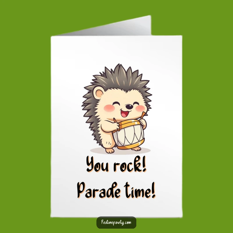 Free Printable Congrats Card: Hedgehog Drumming Victory, Humorous Downloadable Gift