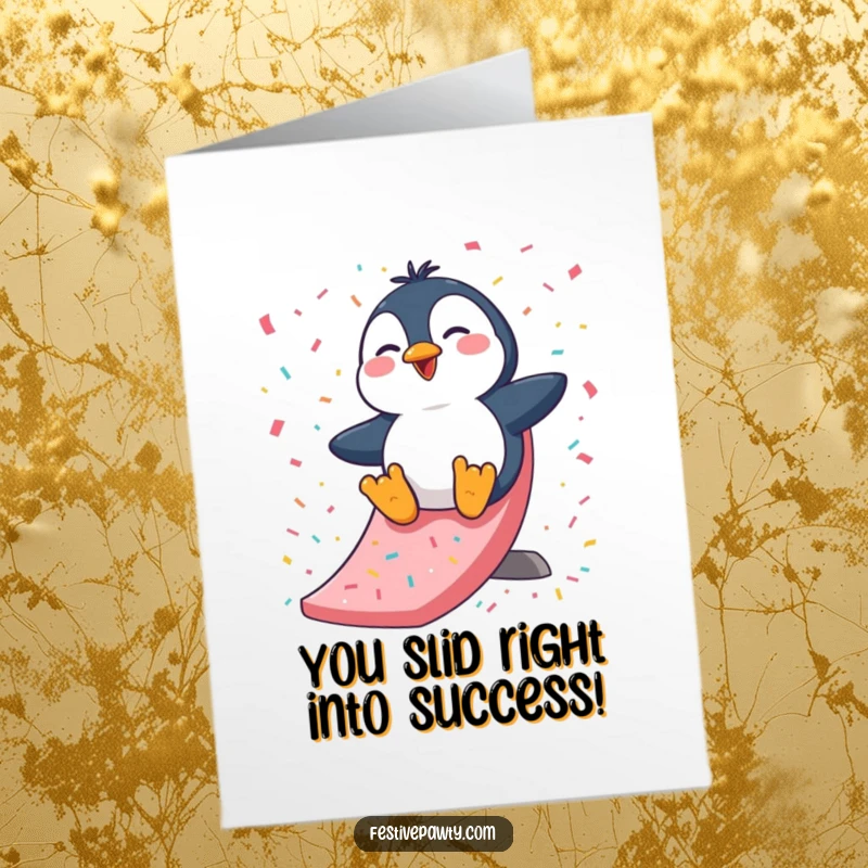 Funny Free Printable Congratulations Card: A happy penguin slides down a confetti slide, celebrating a big achievement.