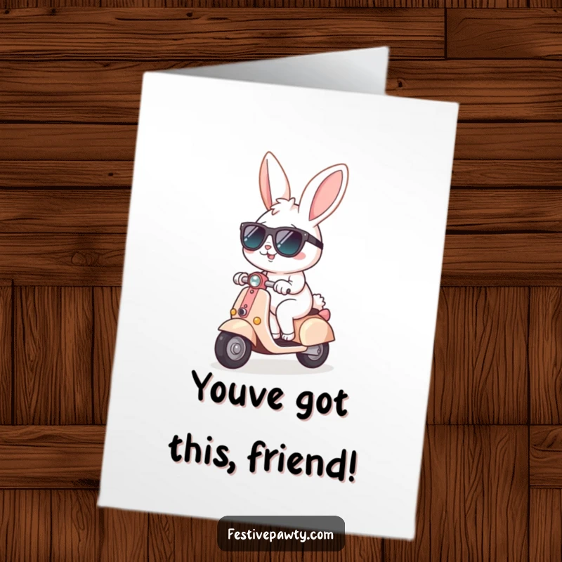Funny Free Printable Congratulations Card: A cheerful bunny wearing sunglasses zooms by on a tiny scooter, celebrating success.