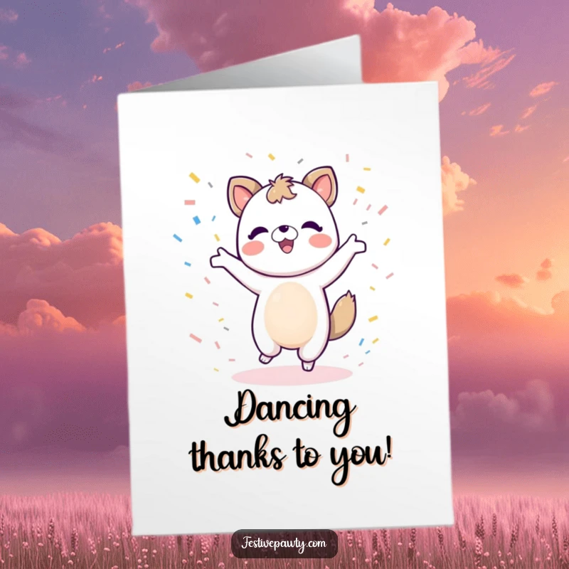 Funny Free Printable Animal Thank You Card: A jubilant animal dancing, surrounded by confetti, saying thank you.